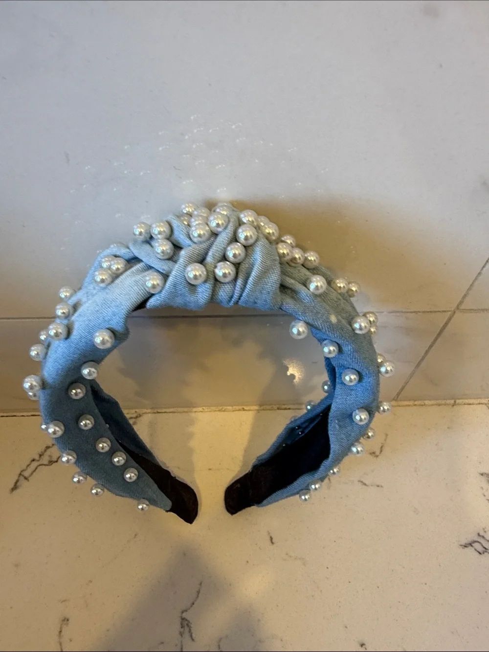 Denim Pearl Knotted Headband